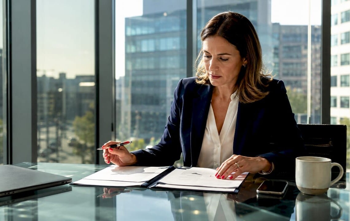 Businesswoman reviewing corporate housing and Airbnb options
