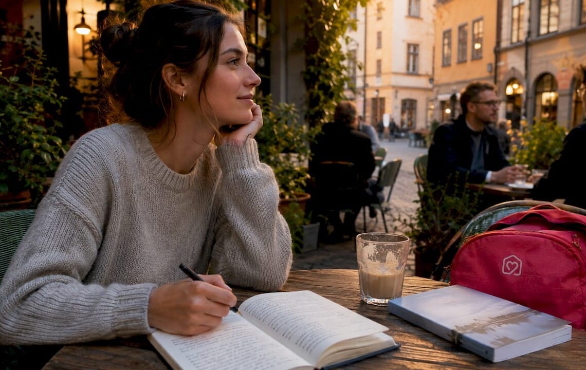 Young female traveler in Stockholm café