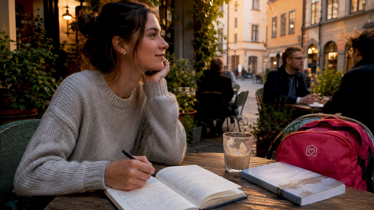 Young female traveler in Stockholm caf&eacute;