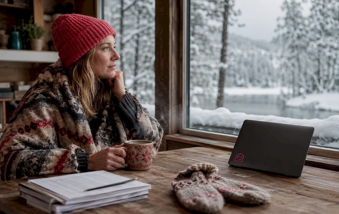 Woman working in cozy Northern Sweden winter cabin