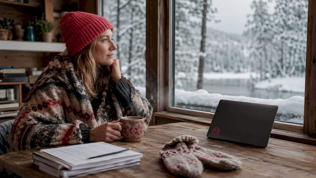 Woman working in cozy Northern Sweden winter cabin