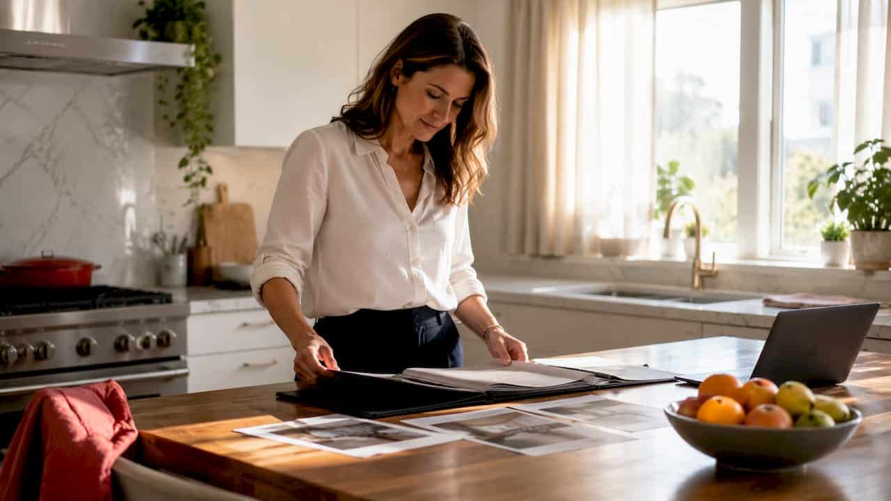 Corporate housing manager reviewing portfolio in office