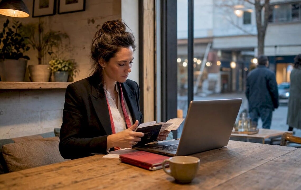 Businesswoman organizing documents in hotel suite
