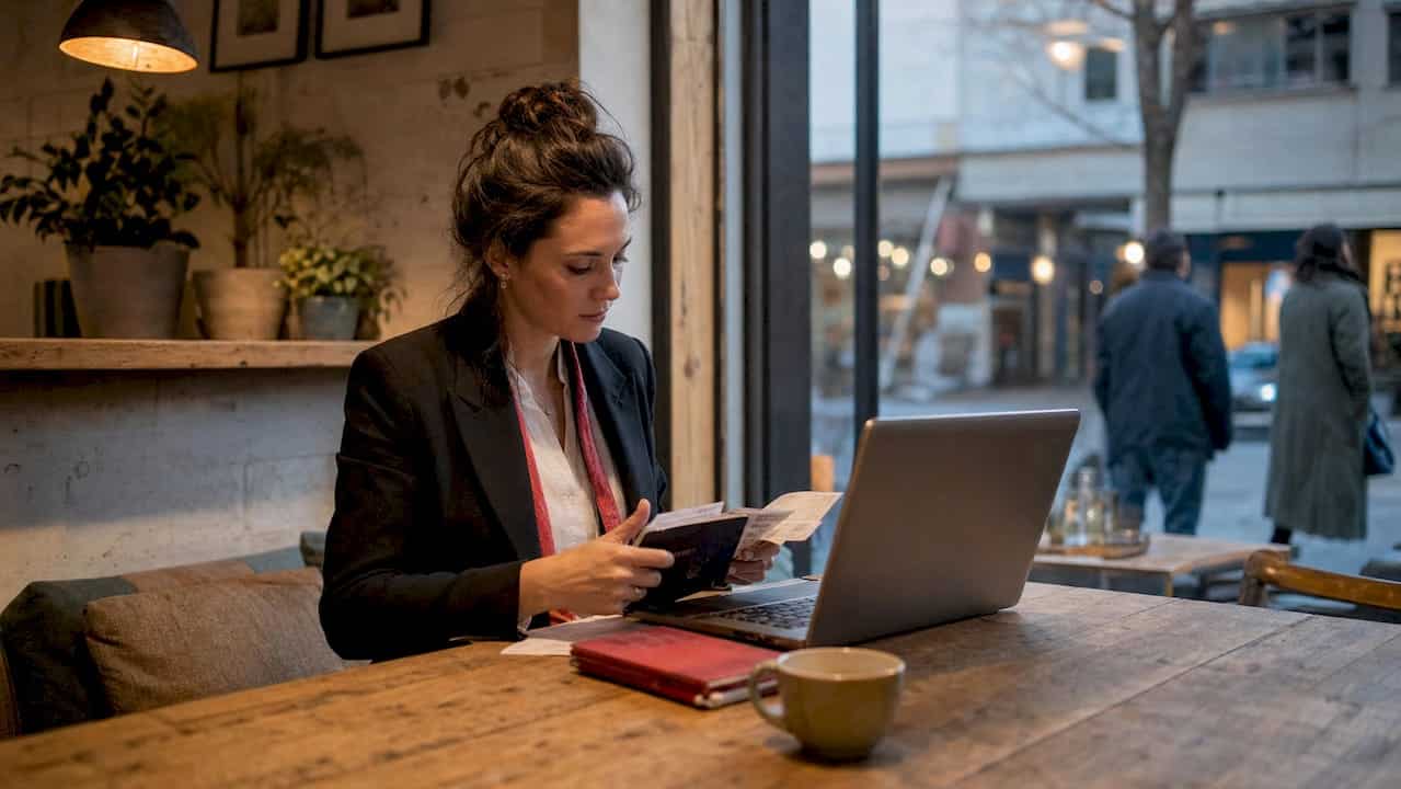 Businesswoman organizing documents in hotel suite