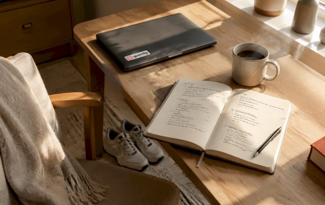 Nordic style rental planning workspace with coffee cup