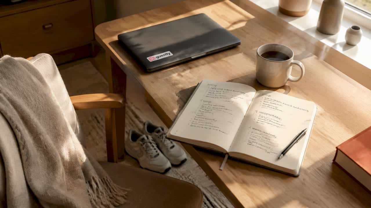 Nordic style rental planning workspace with coffee cup