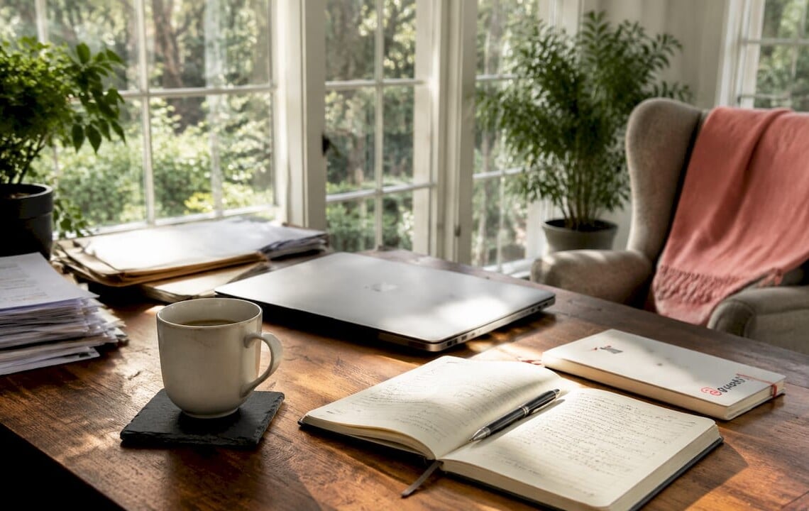 Executive workspace with planner and coffee cup