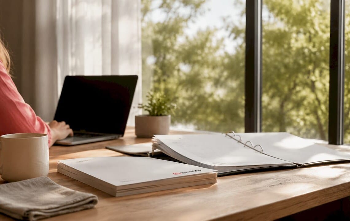 Desk with compliance documents and coffee cup