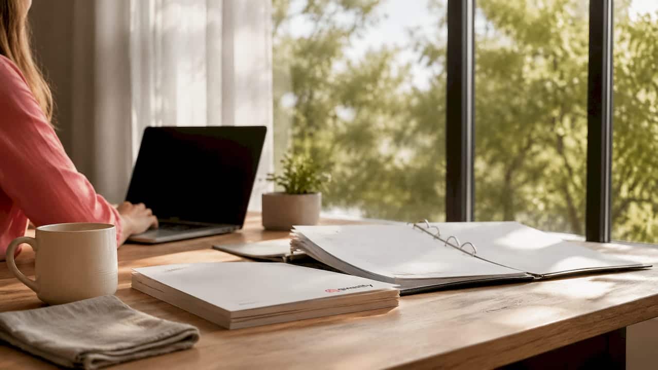 Desk with compliance documents and coffee cup