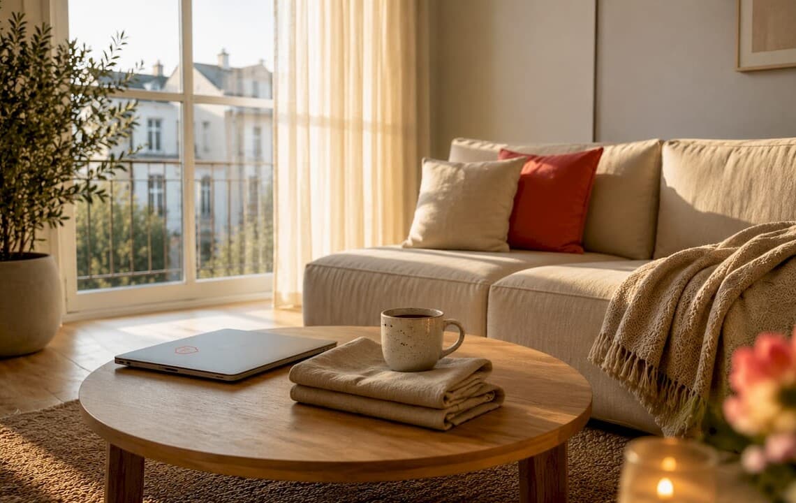 Minimalist Nordic living room with natural morning light