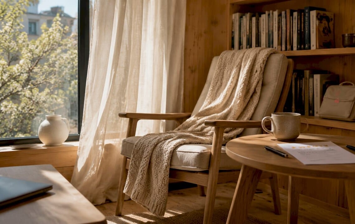 Norwegian style living room with printed reviews and coffee cup