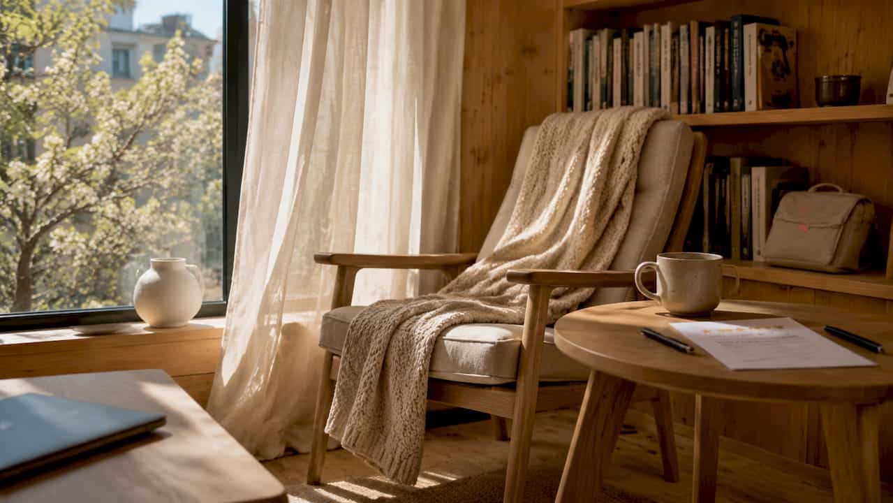 Norwegian style living room with printed reviews and coffee cup