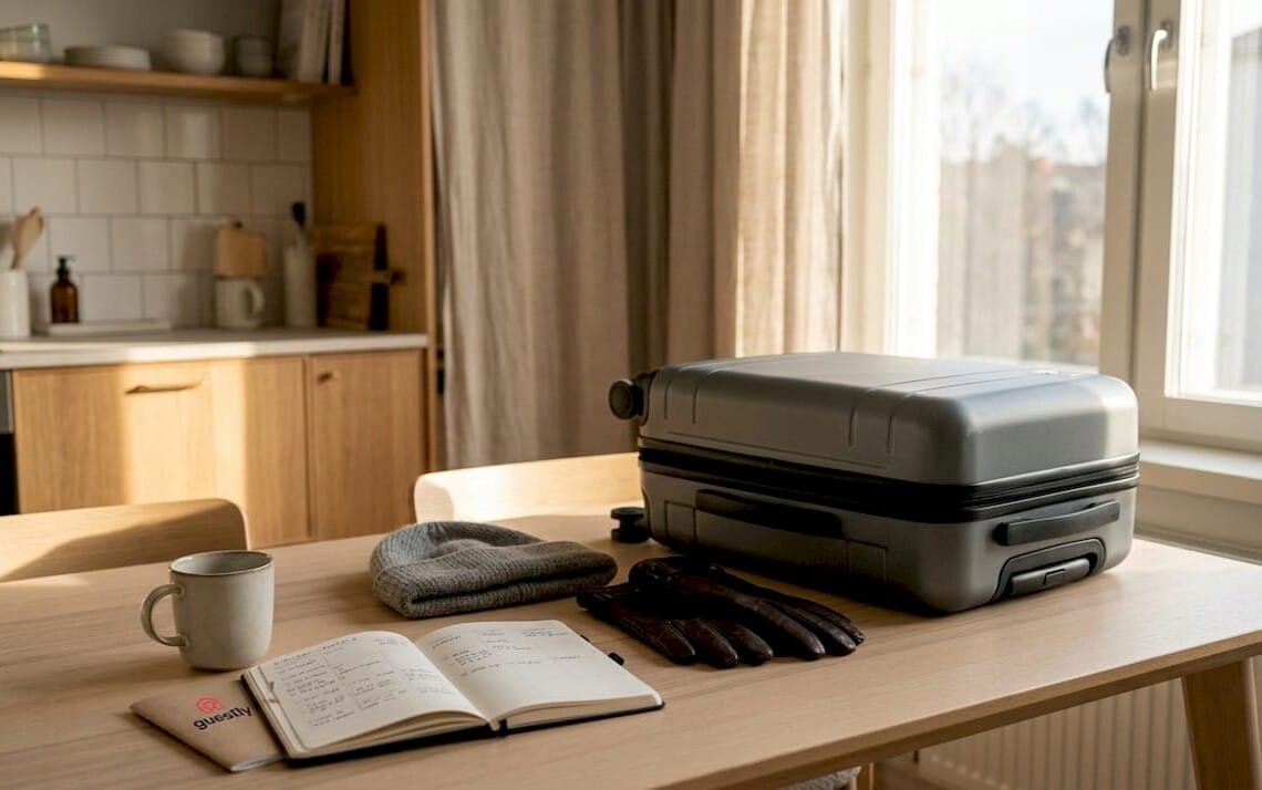 Neatly packed suitcase and clothing on Nordic style desk