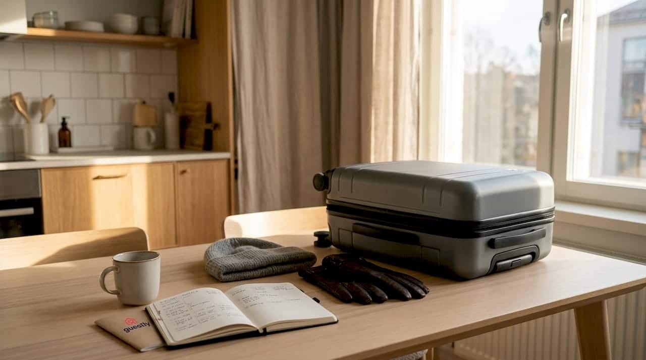 Neatly packed suitcase and clothing on Nordic style desk