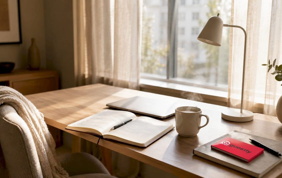 Calm Nordic style bedroom workspace with coffee cup