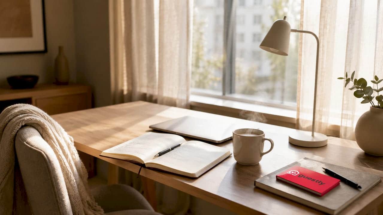 Calm Nordic style bedroom workspace with coffee cup