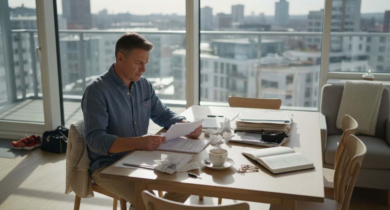 Landlord reviewing rental property documents at table