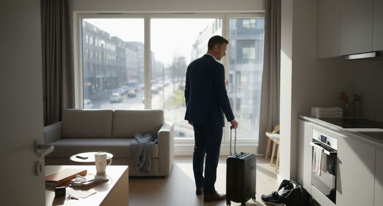 Voyageur d'affaires entrant dans un appartement d'entreprise meublé