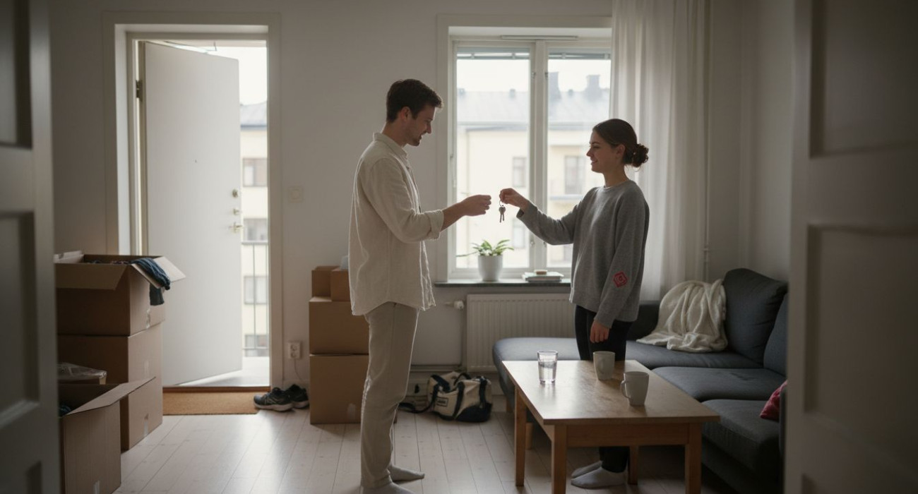 Tenants unpacking in a lived-in apartment