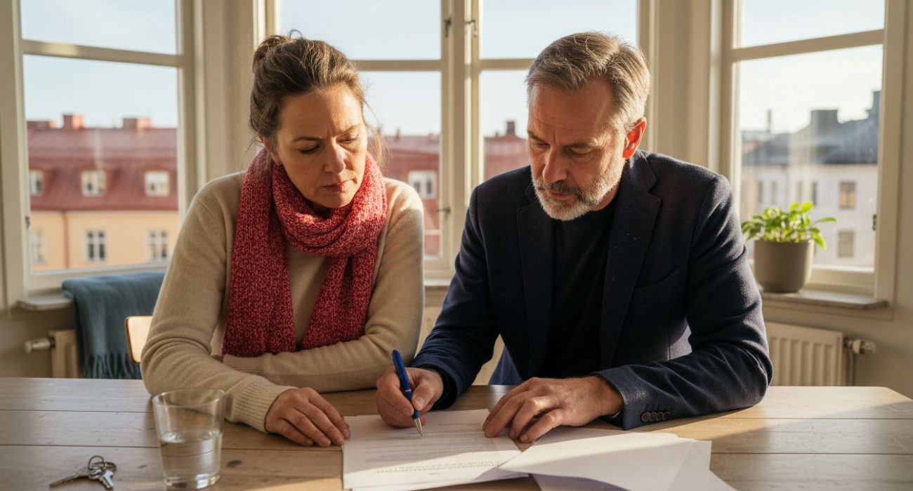 Couple signing Swedish lease in sunny room