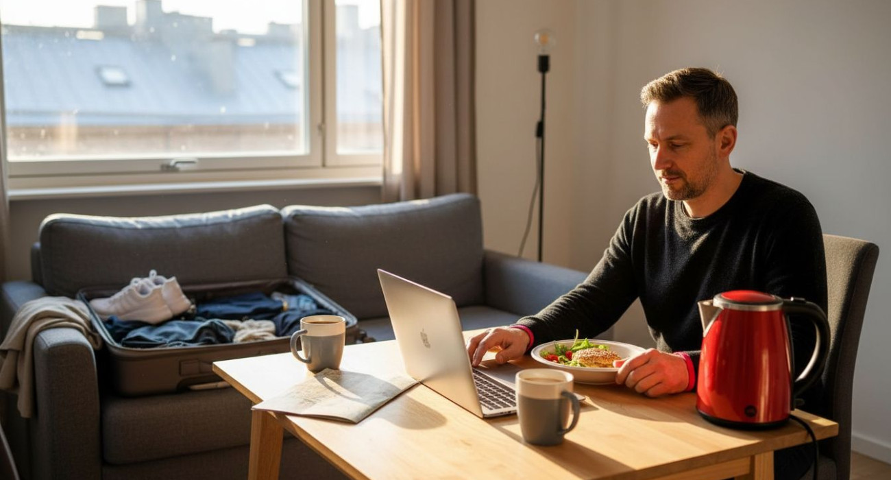 Business traveler in furnished corporate apartment