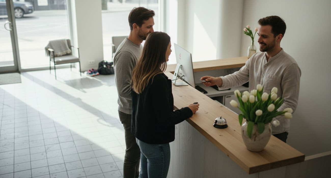 Front desk agent greeting hotel guests