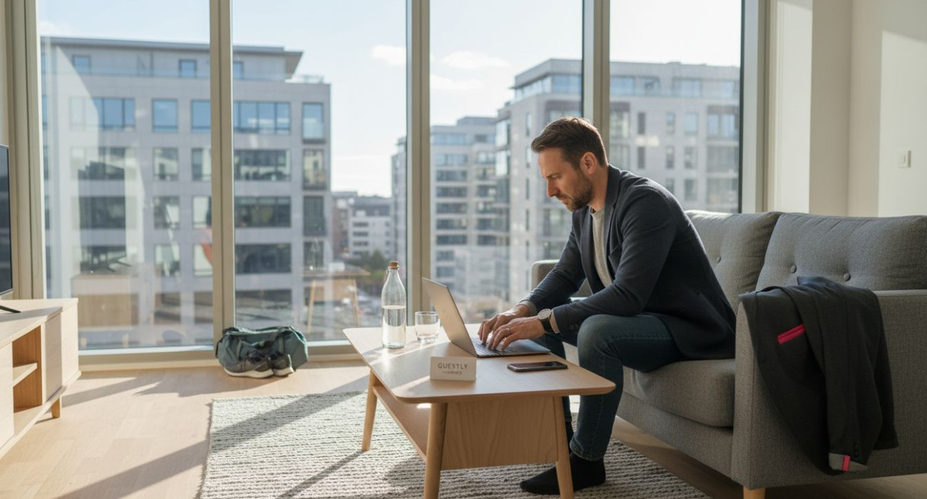 Business traveler working in furnished apartment
