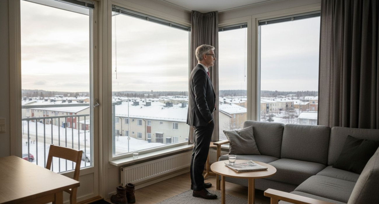 Businessman in Swedish apartment overlooking city