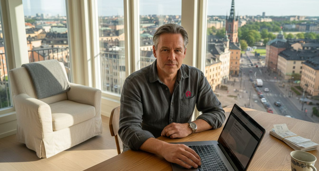 Landlord using software in sunny Swedish office