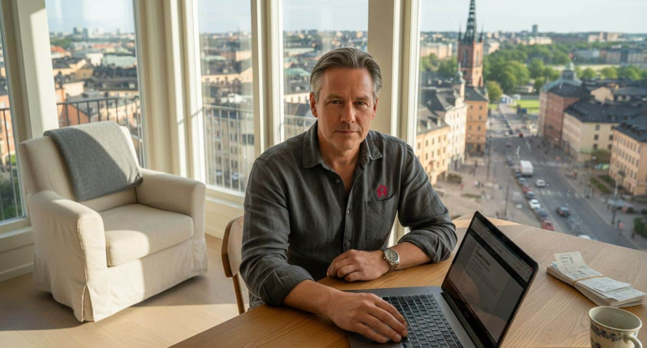 Landlord using software in sunny Swedish office