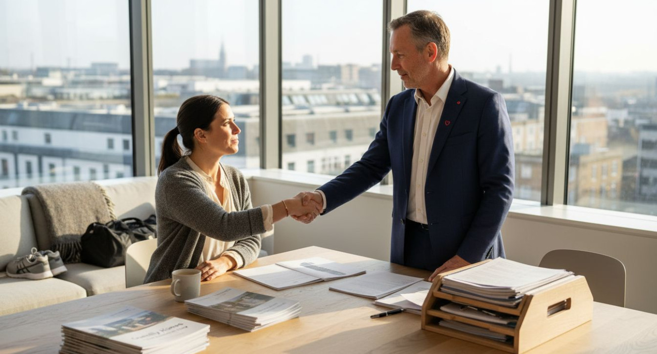Real estate agent meets property manager in office