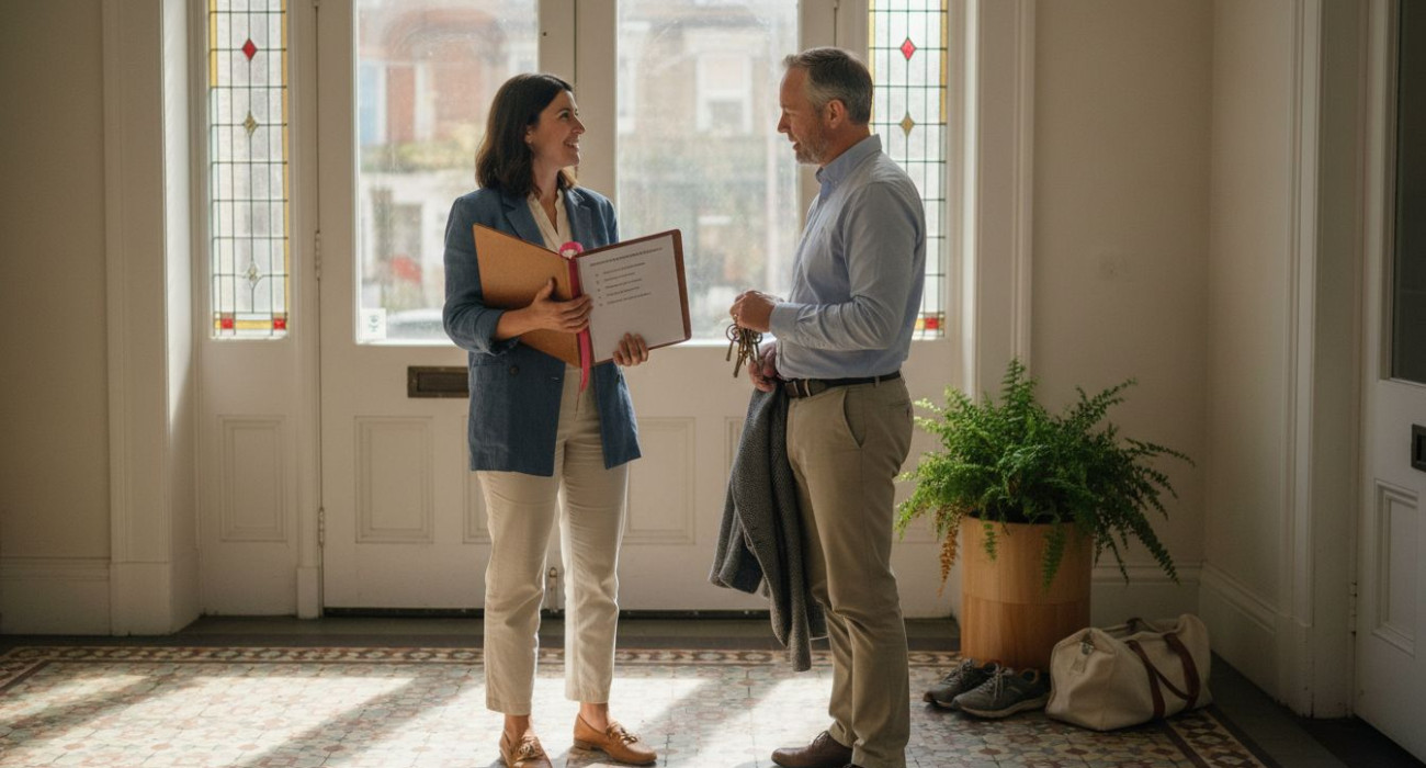 Property manager meeting landlord at apartment entry