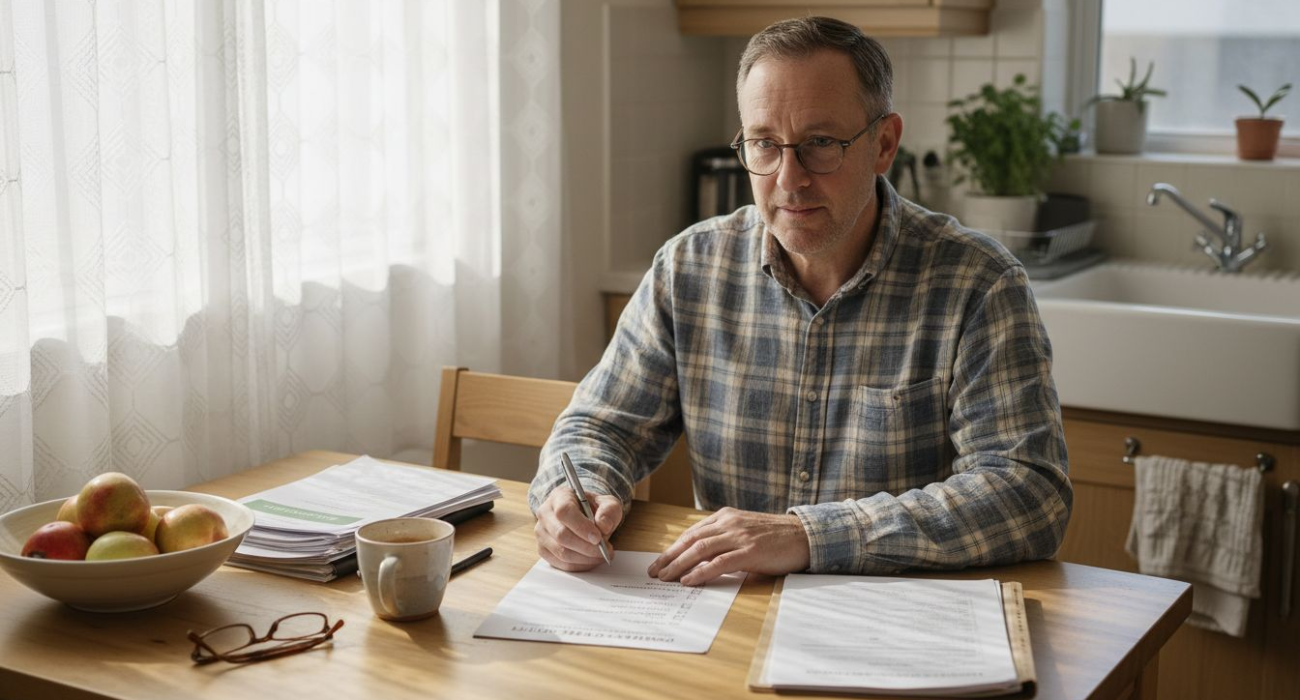 Host reviewing property documents in kitchen