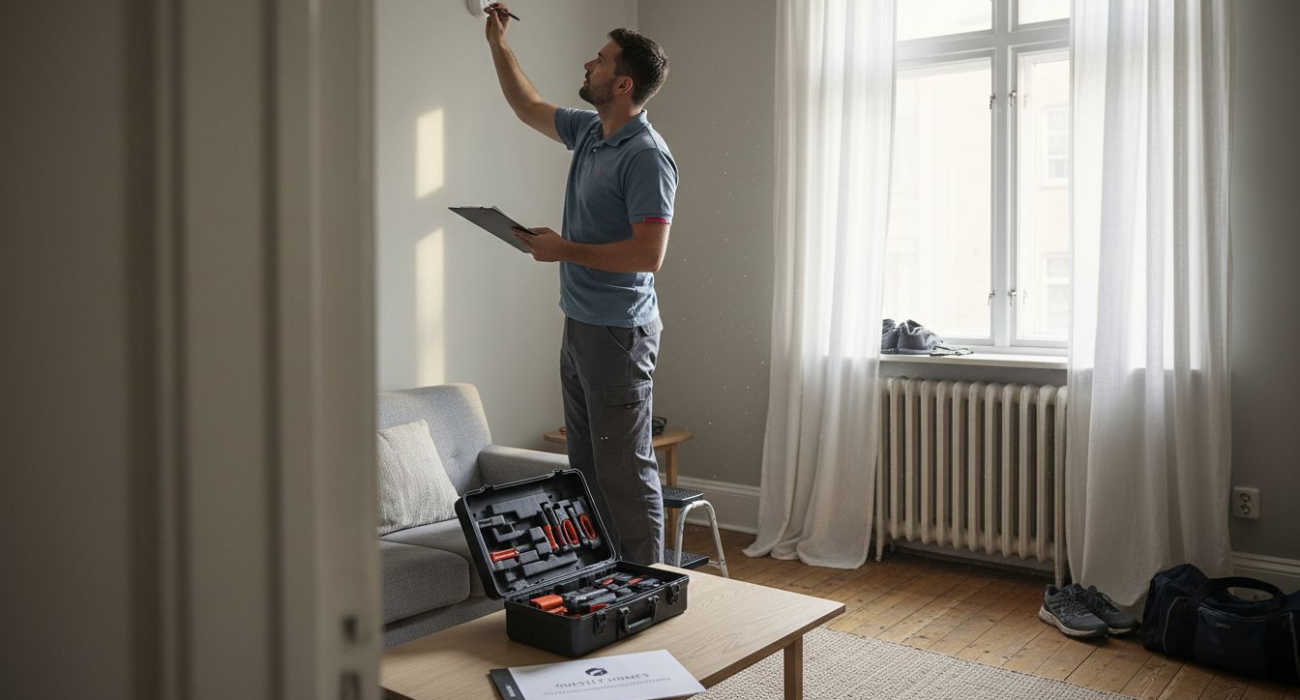 Maintenance worker inspecting apartment smoke detector