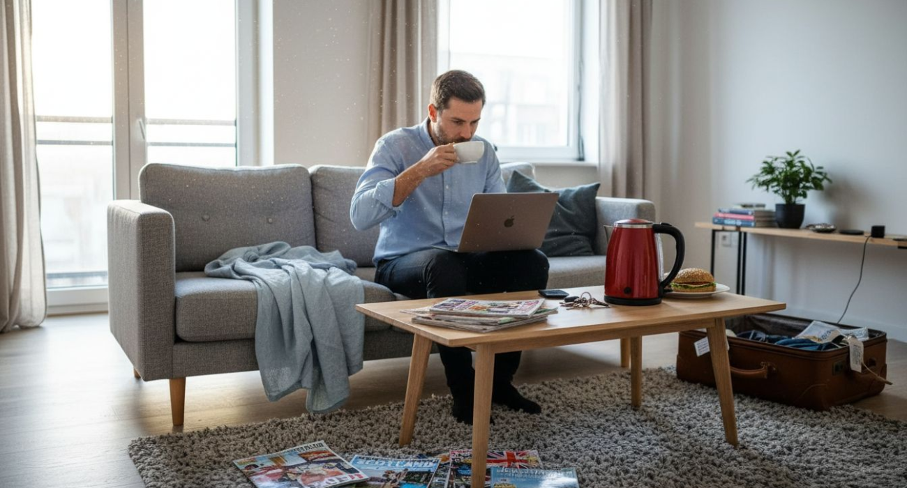 Man relaxing in lived-in city apartment