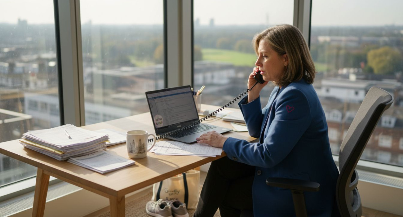 Property manager reviewing fees in city office
