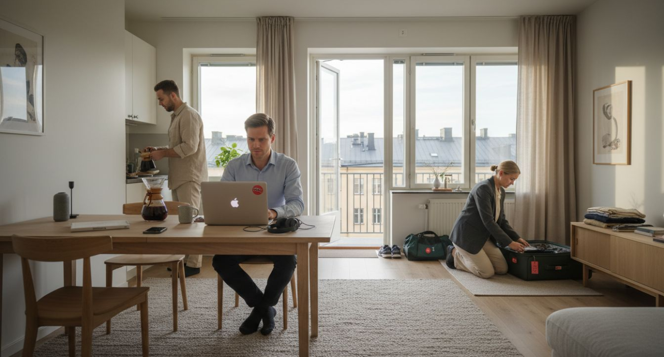 Business travelers in furnished Swedish apartment