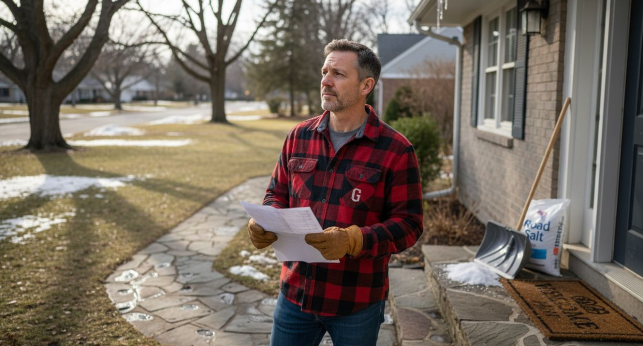 Homeowner checking winter house checklist outside