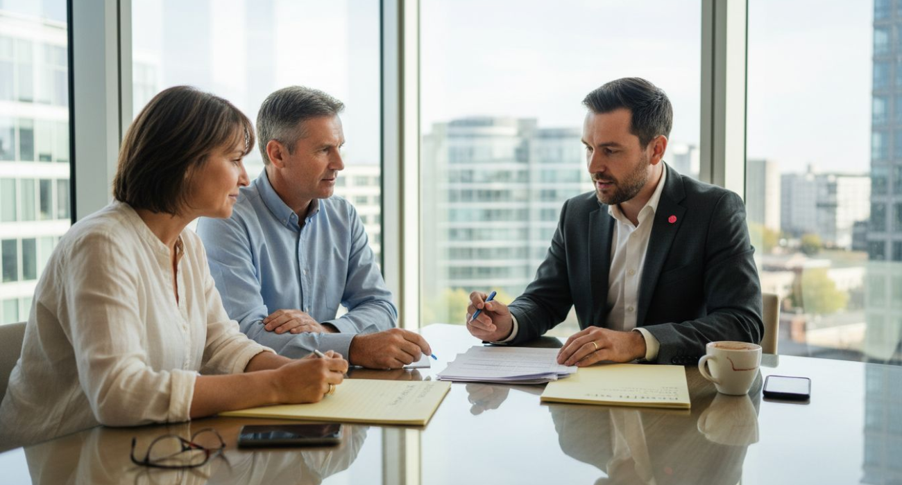 Property manager meeting with clients in office