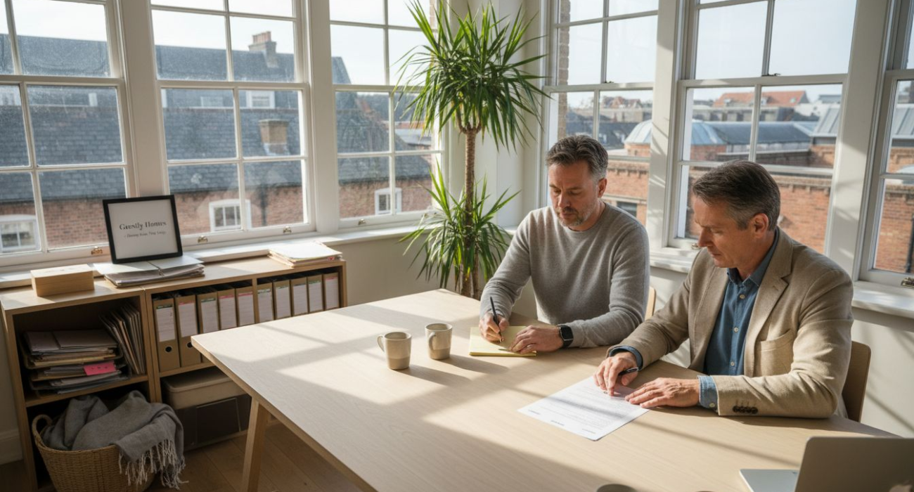 Property manager in office meeting with clients