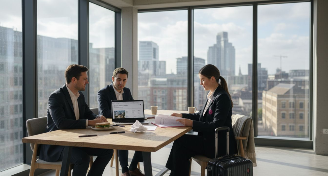 Business team reviews temporary housing options in office