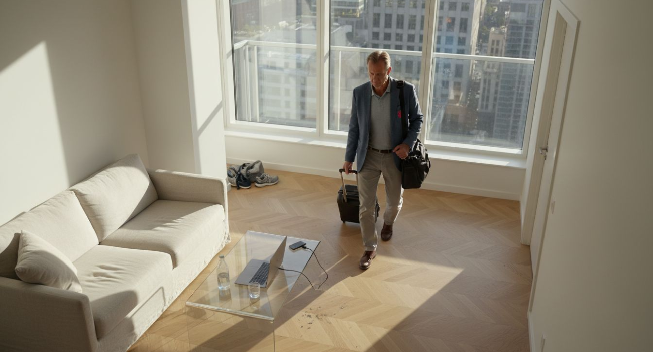 Executive arriving to furnished apartment workspace
