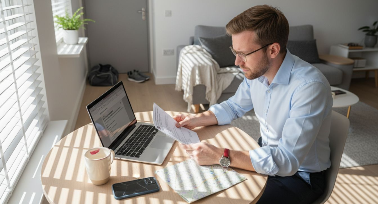 Man reviews accommodation checklist at city apartment