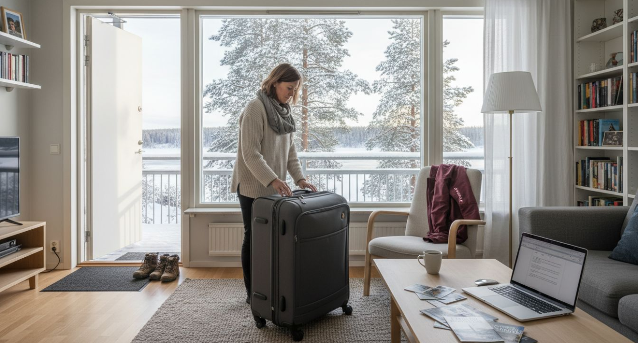 Business traveler unpacking in Norrbotten apartment
