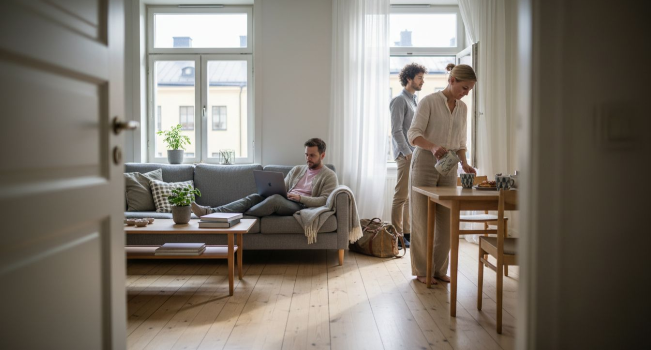 Business team relaxing in Swedish apartment living room