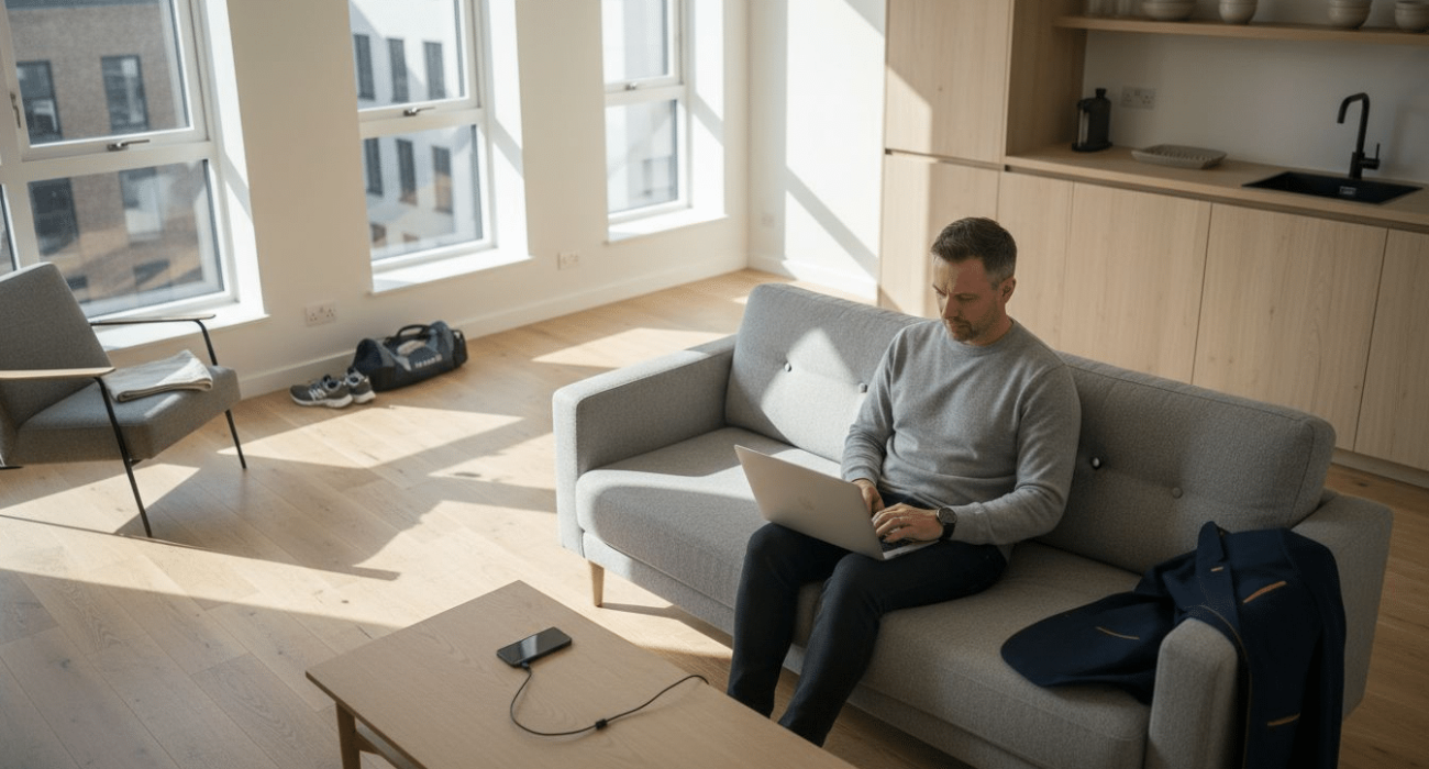 Professional working in service apartment living area