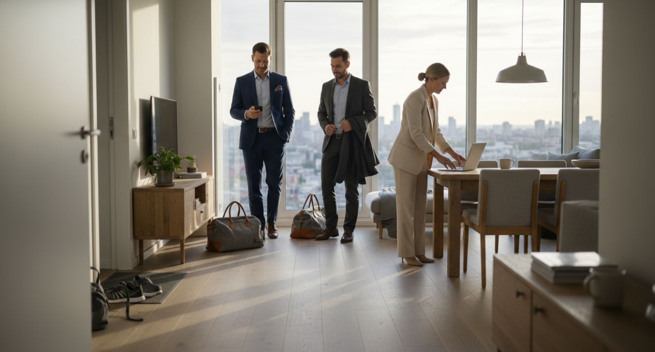 Business team entering furnished apartment