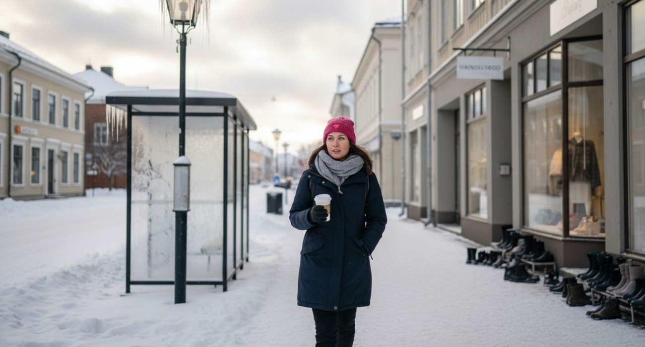 Professional walking down snowy Norrbotten street