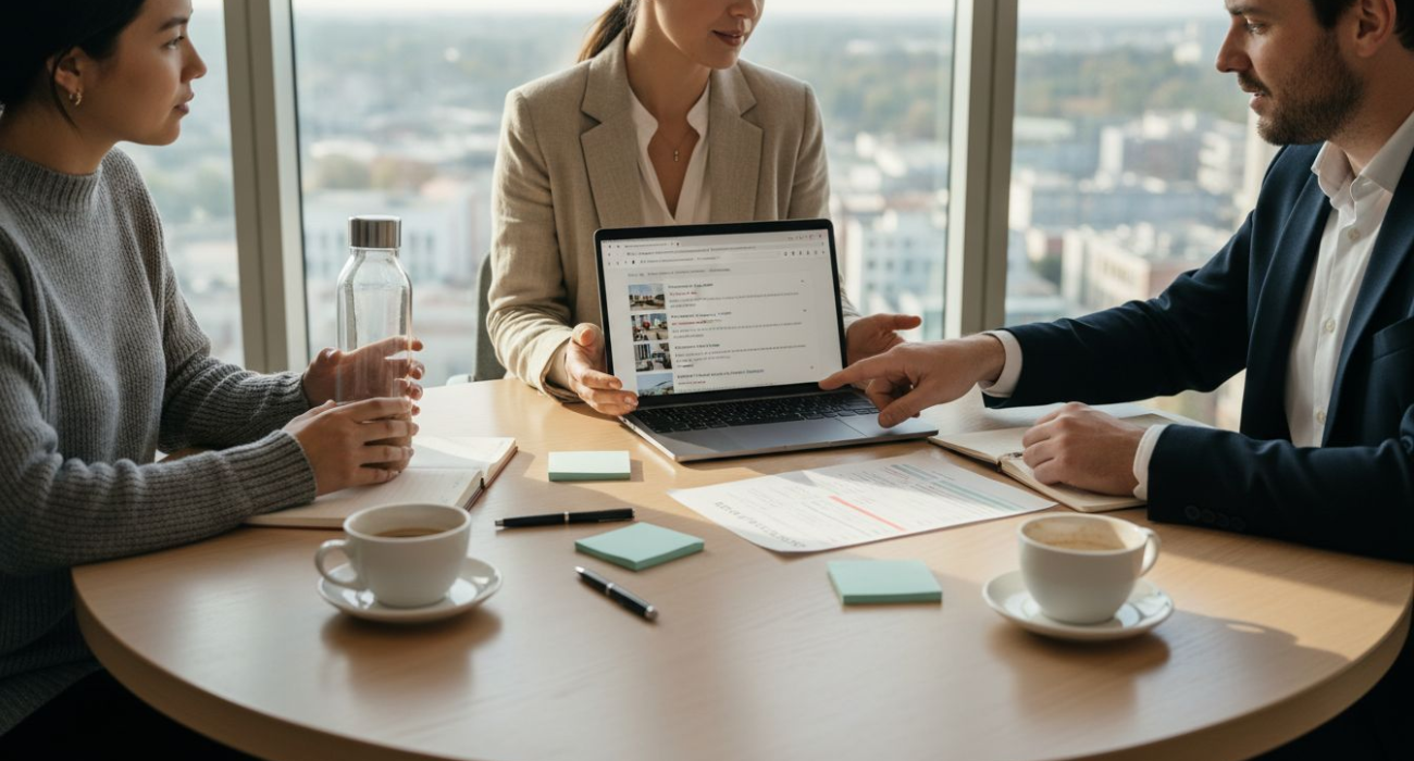 Business team reviewing accommodation checklist