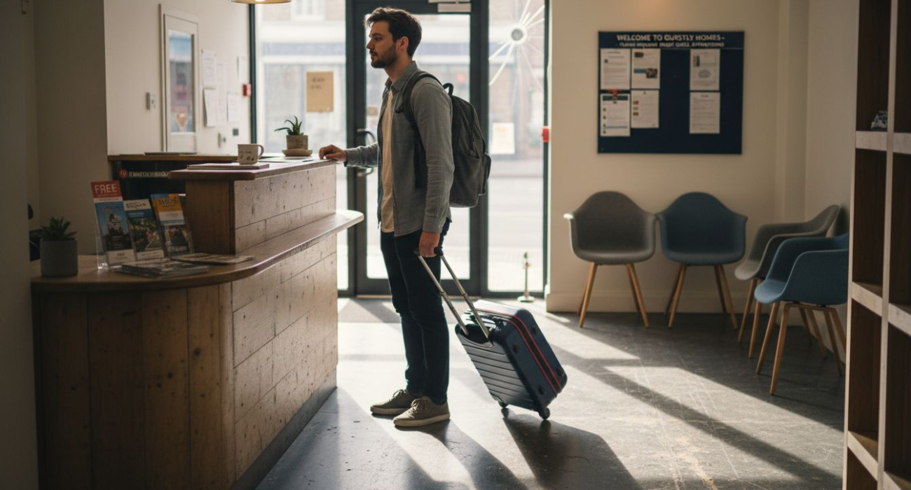 Young professional entering foyer lobby with suitcase